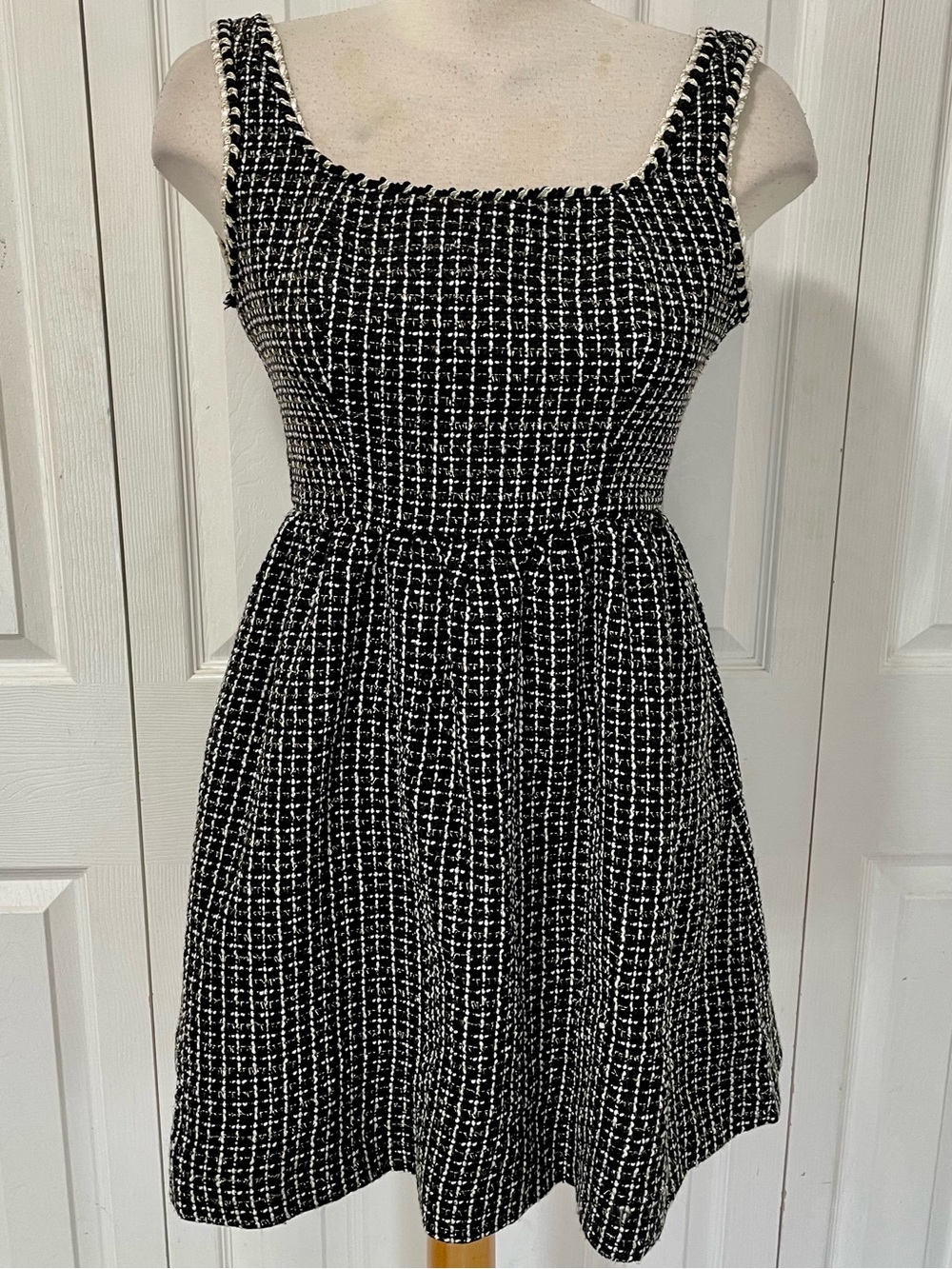 Cider Black and White Tweed Square-Neck Mini Dress